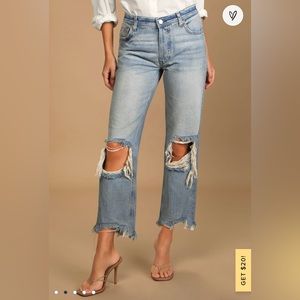 Free People Faded Blue Distressed Mid Rise Straight Leg Cropped Jeans